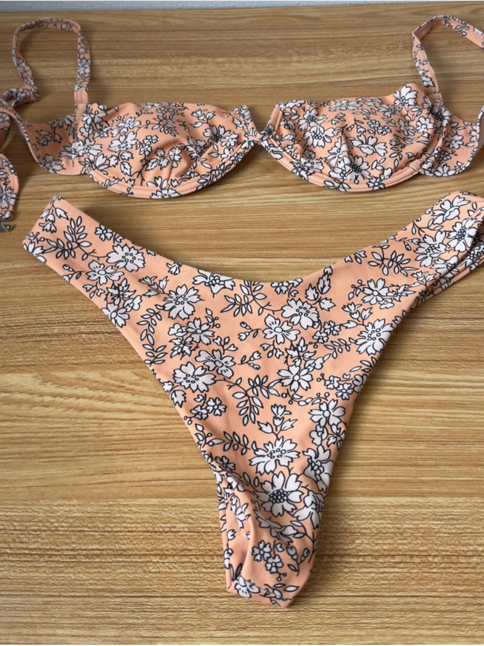 Zaful Peach Floral Bikini Set with Black-Outlined White Print
